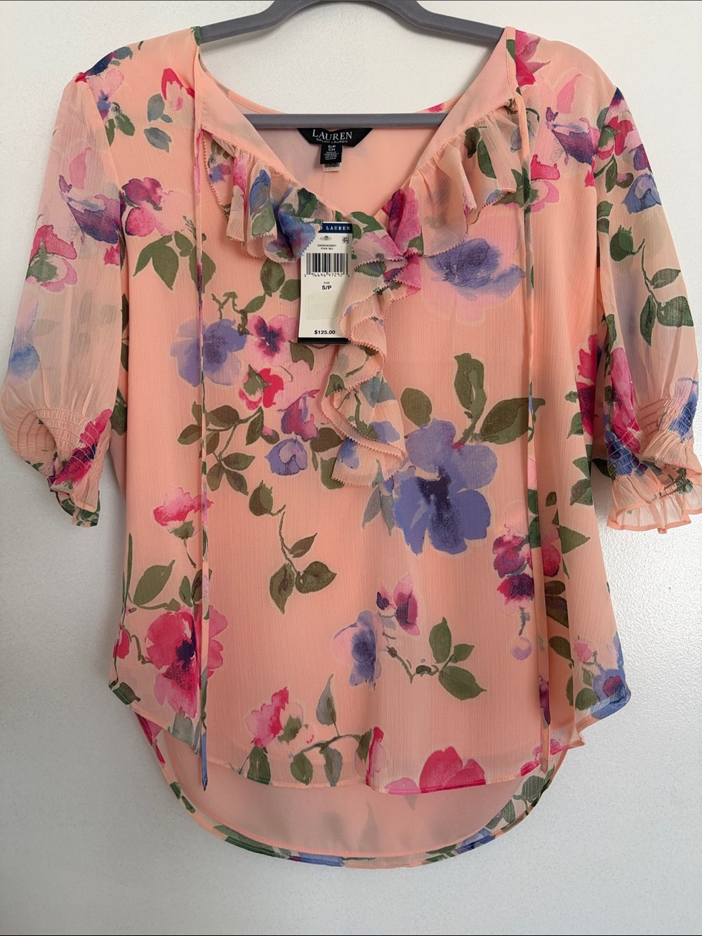 Lauren Ralph Lauren Peach Floral Ruffle-Front Blouse